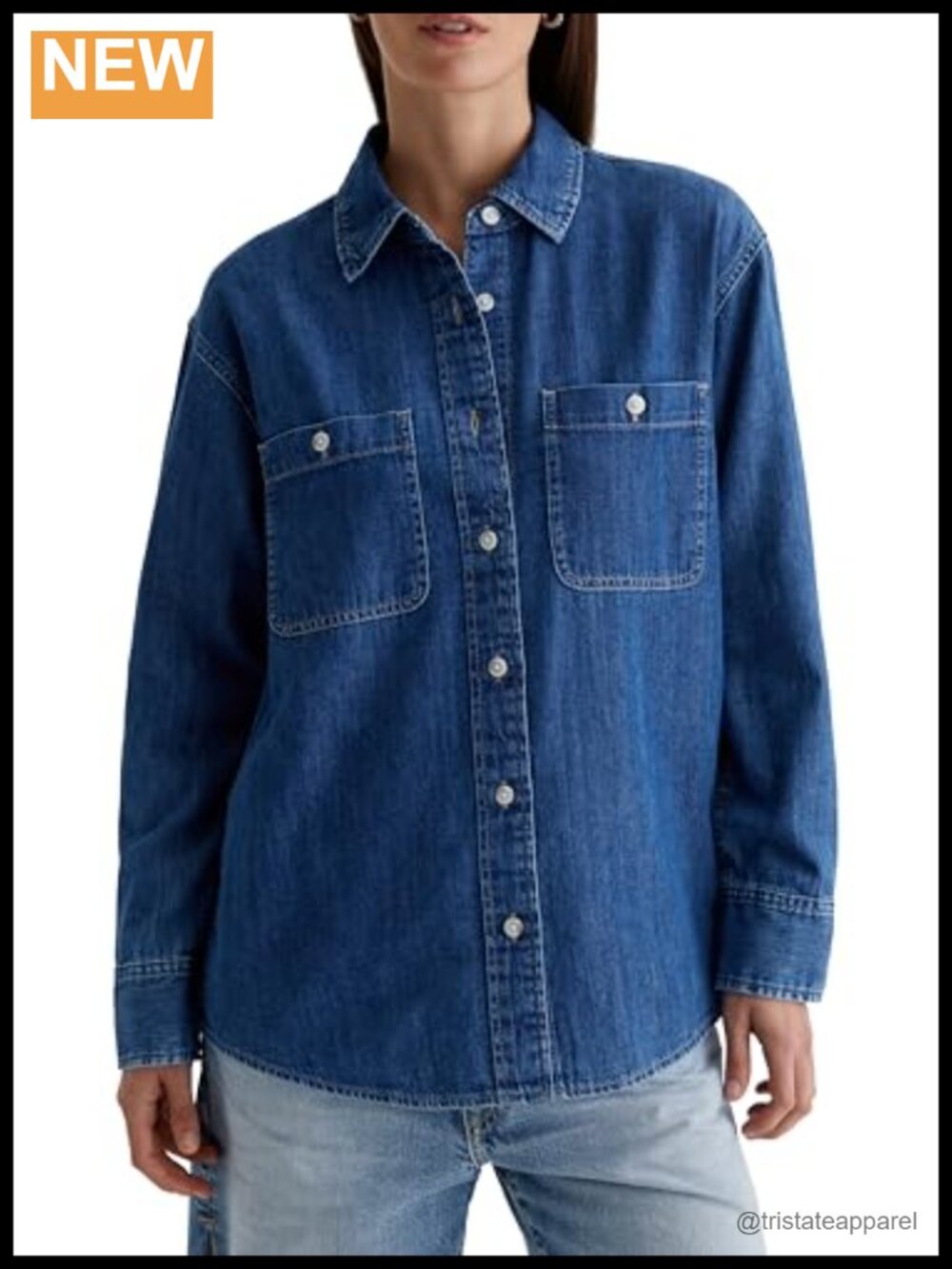 Relaxed Fit Button Down Shirt Women's Cotton Denim Chambray Long Sleeve